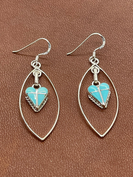 Heart Turquoise Inlay Dangle Earrings by Velda Nastacio, Zuni