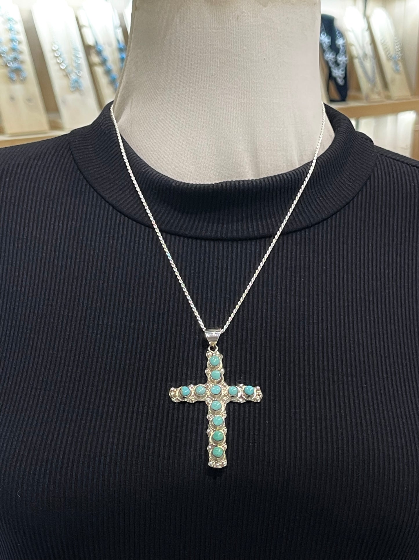 20" 11 Stone Turquoise Cross Pendant Necklace