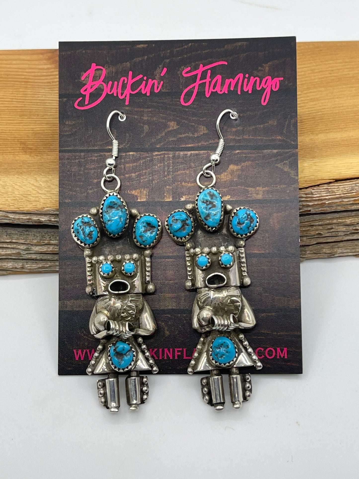 Kingman Turquoise Kachina Dangle Earrings by Doris Smallcany, Navajo