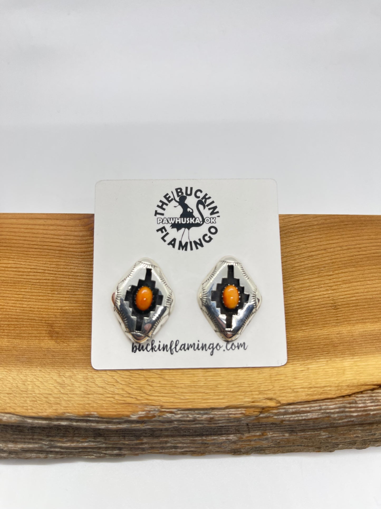 18" Orange Spiny Oyster Shell Shadowbox Lariat Necklace and Post Earrings Set by Felix Perry, Navajo
