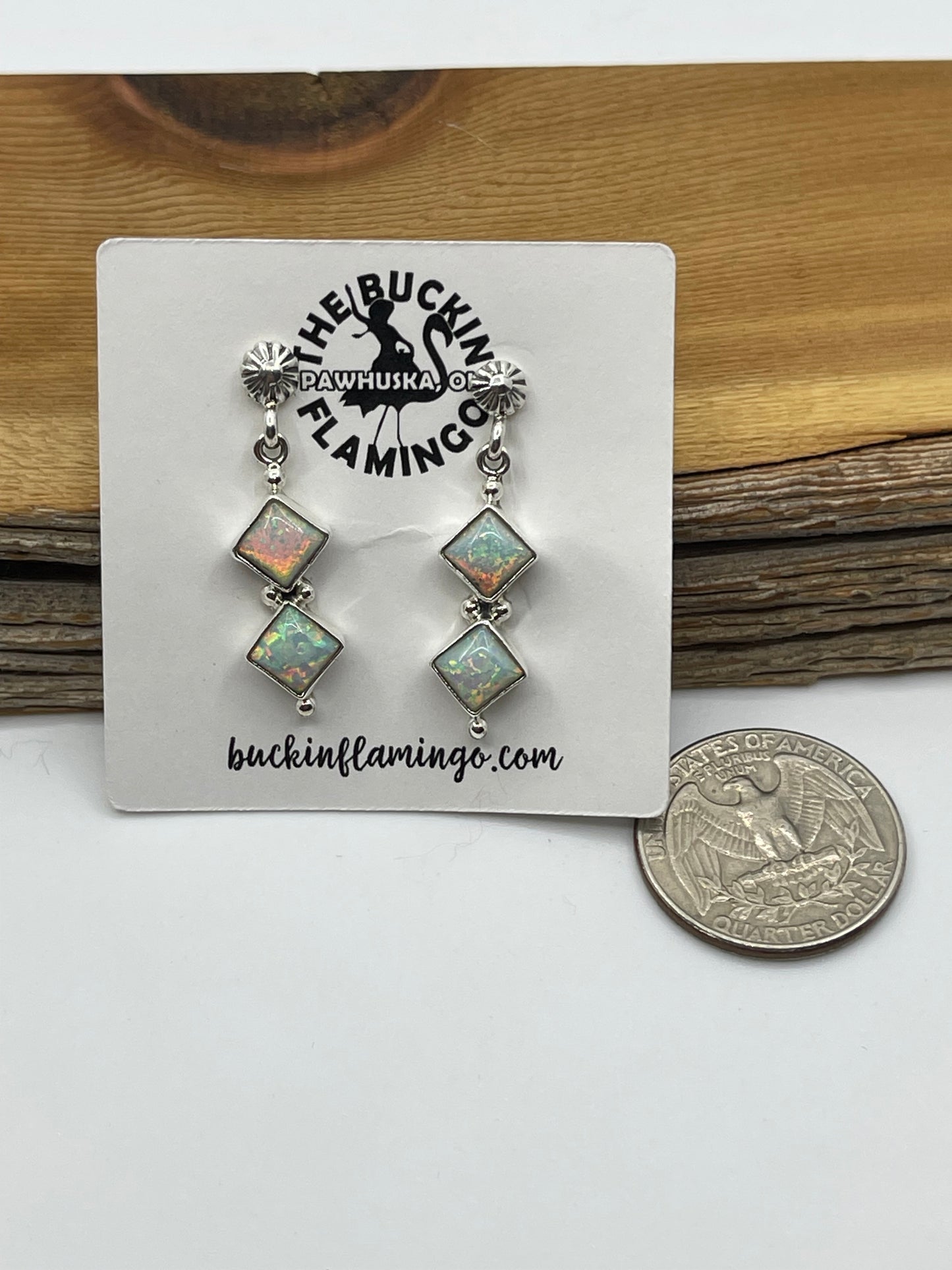 2 Stone White Opal Post Dangle Earrings by Verley Betone, Navajo