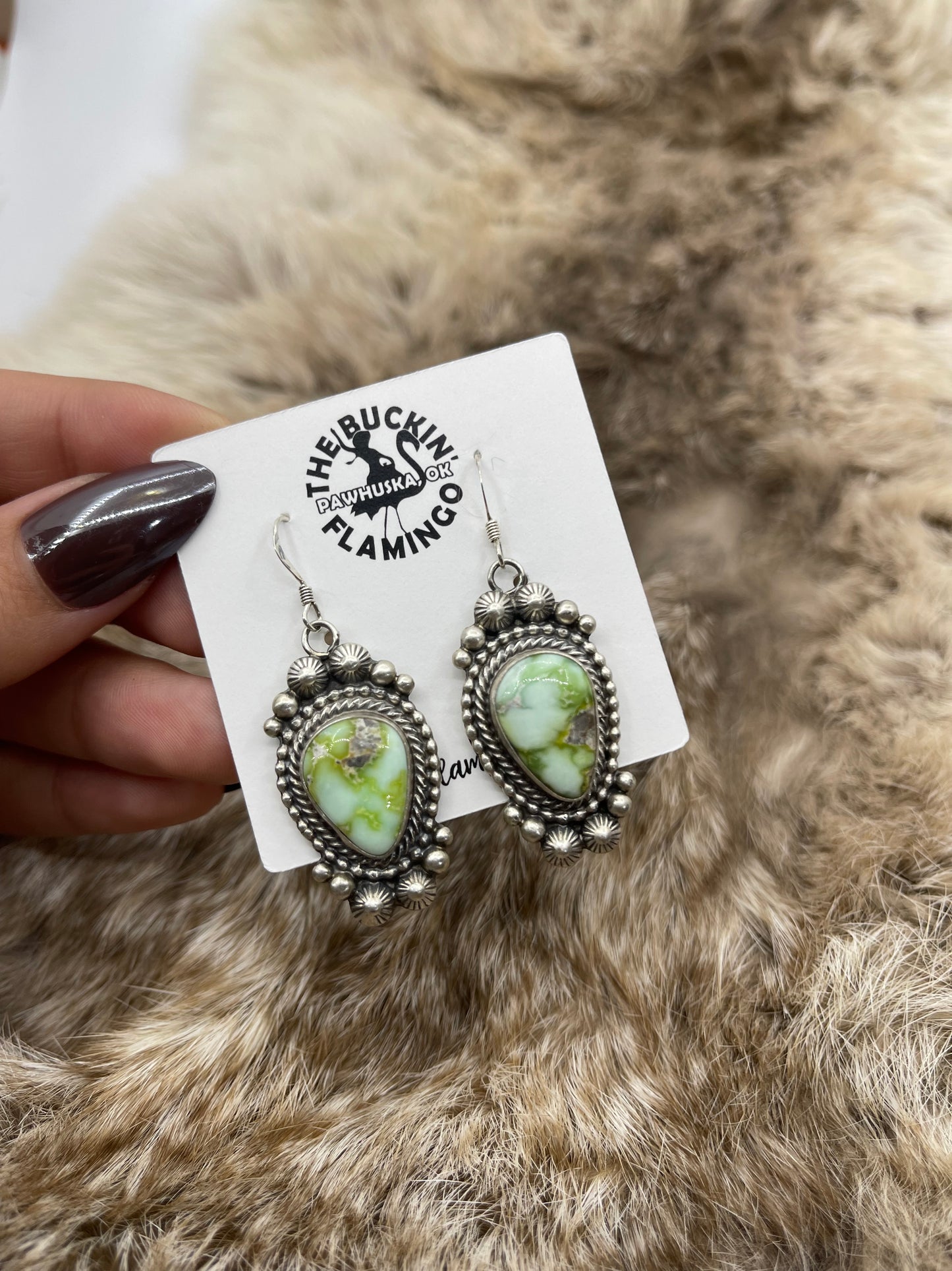 24"+3" Palomino Turquoise Squash Blossom and Dangle Earrings Set by Tom Lewis, Navajo