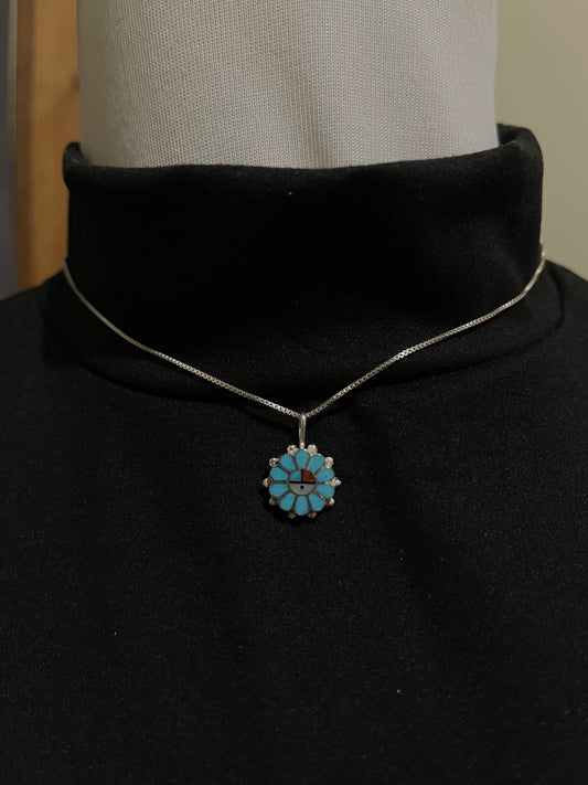 16" Mini Turquoise Sunface Necklace by Maxine Soseeah, Zuni
