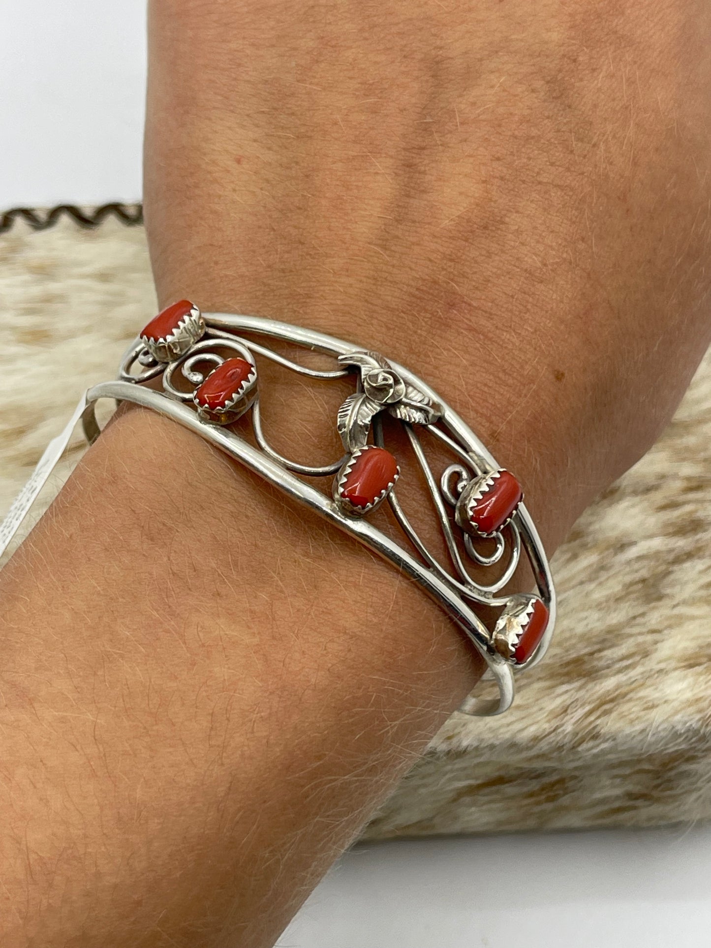 5 1/4" Red Coral 5 Stone Cuff by Carolynn Nez, Navajo