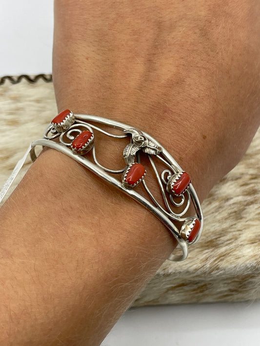 5 1/4" Red Coral 5 Stone Cuff by Carolynn Nez, Navajo