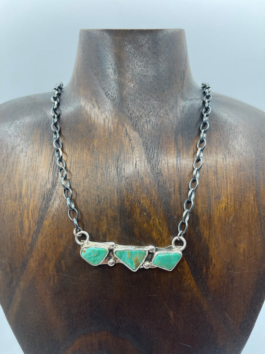 16" 3 Stone Royston Turquoise Necklace by Jude Candeleria, Zuni