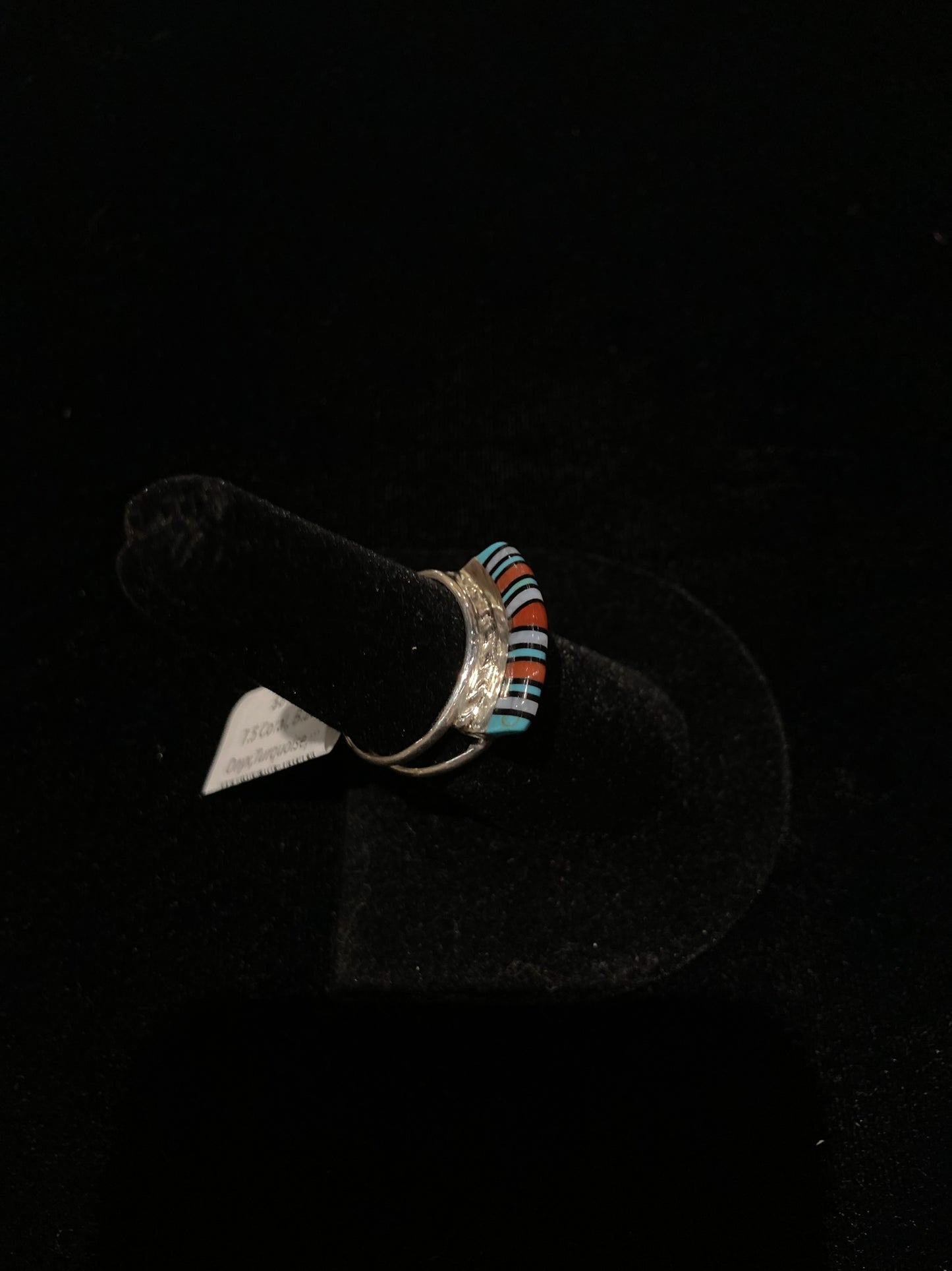 7.5 Coral, Black Onyx,Turquoise, and Pearl Ring by Victor Martza, Zuni