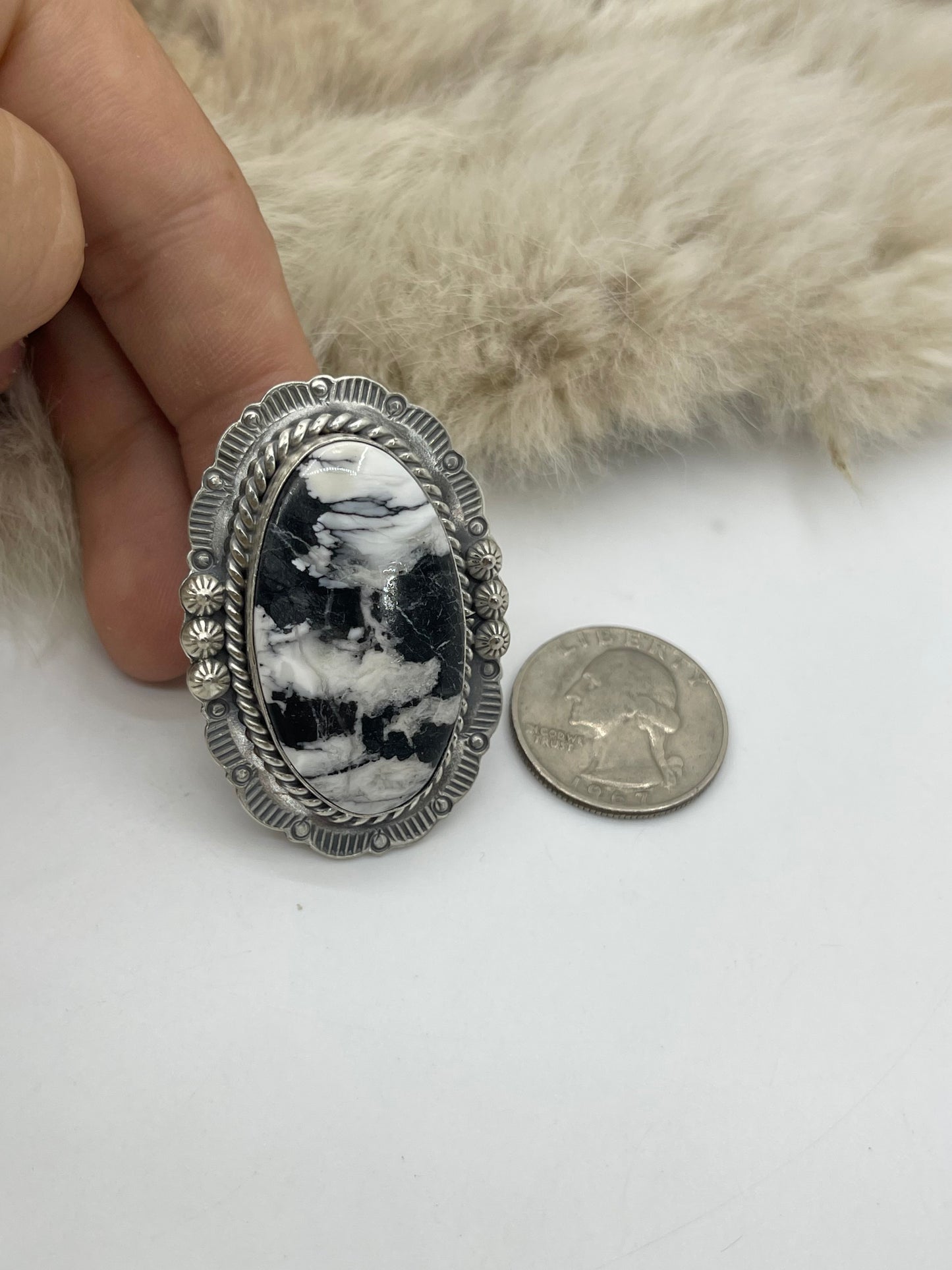 Adjustable 7.0-10.0 White Buffalo Ring with Stamped "L" by Artist