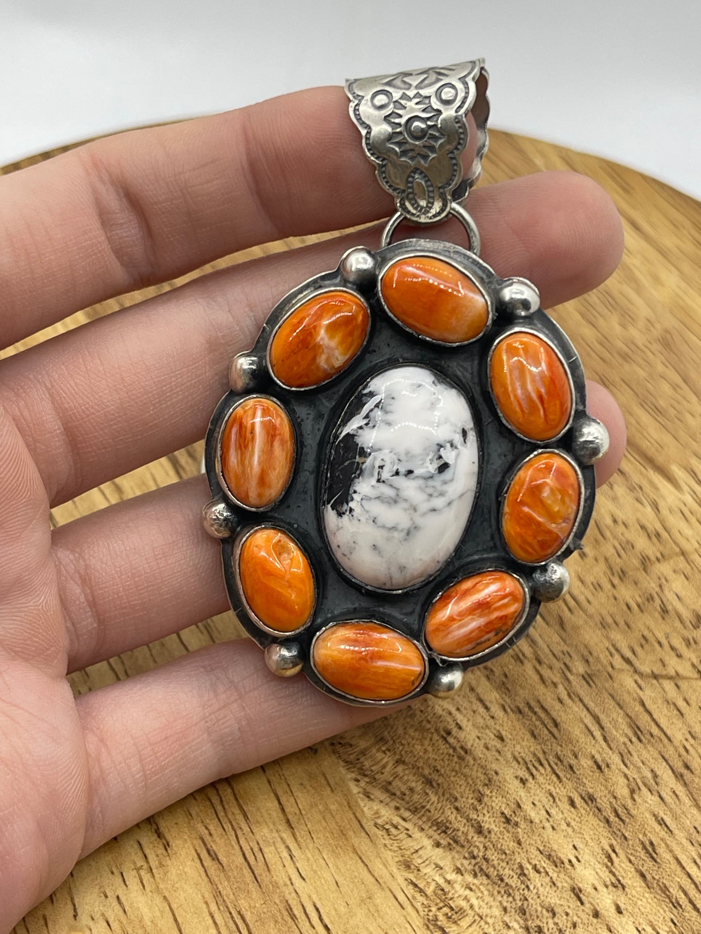 Orange Spiny and White Buffalo Cluster Pendant with a 11mm Bale by Boyd Ashley, Navajo