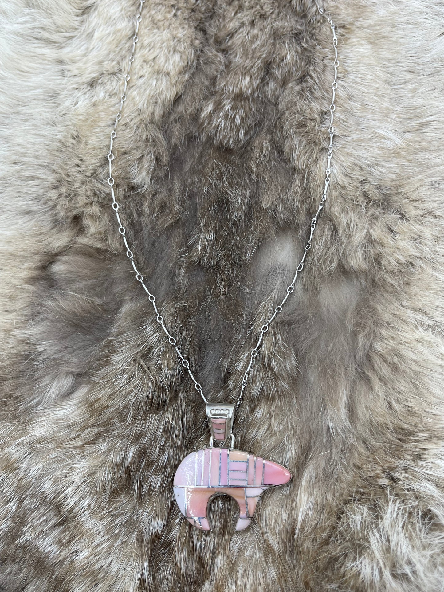 20" Pink Conch Shell Inlay Bear Necklace by Carl Adaakie, Zuni
