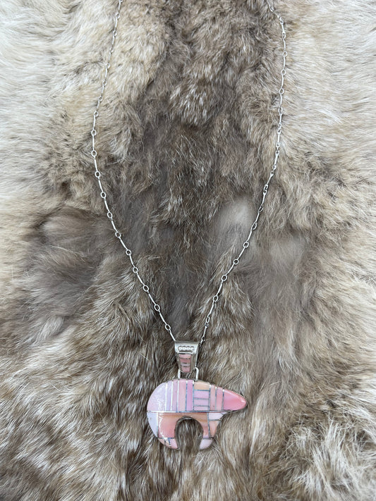 20" Pink Conch Shell Inlay Bear Necklace by Carl Adaakie, Zuni