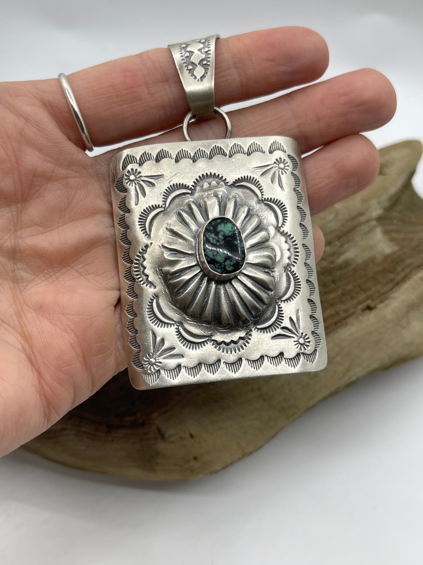 Mantis Turquoise Square Concho Pendant with a 13.5mm Bale by Delbert Secatero, Navajo