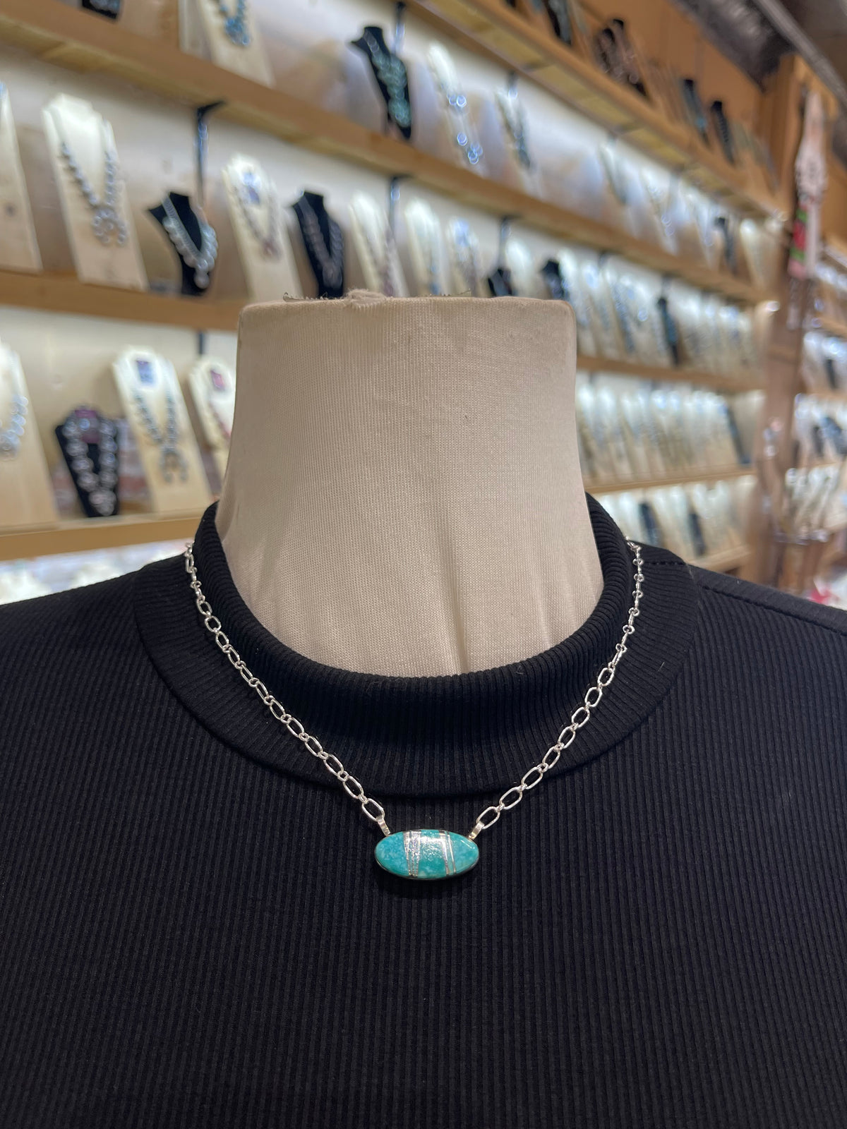 18" Turquoise & Silver Inlay Necklace by Charleston Willie, Navajo