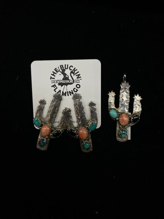 Vintage Black Onyx, Pink Conch Shell, and Turquoise Cactus Pendant and Earrings Set