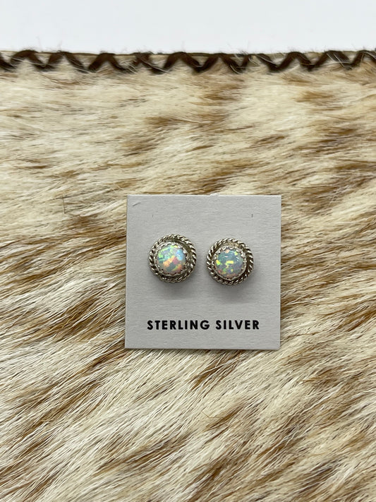 Small Round White Opal Post Earrings by Larson Chee, Navajo