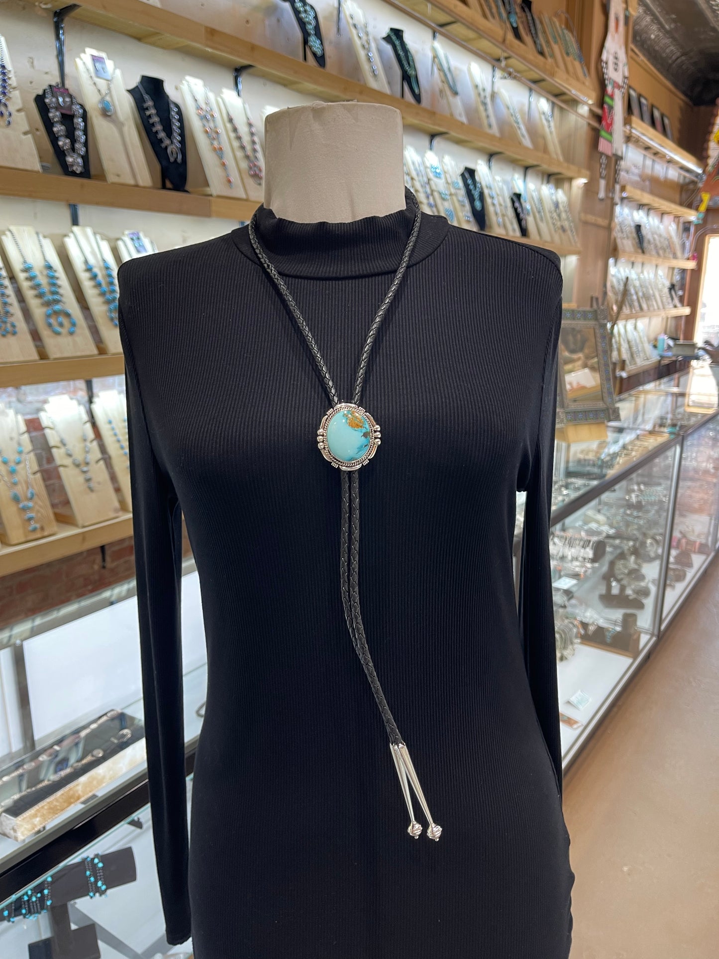 High Grade Kingman Turquoise Bolo by Joelias Draper, Navajo