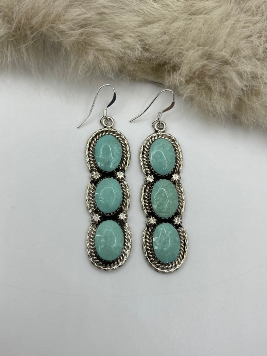 3 Stone Turquoise Dangle Earrings by Phyllis A. Smith, Navajo