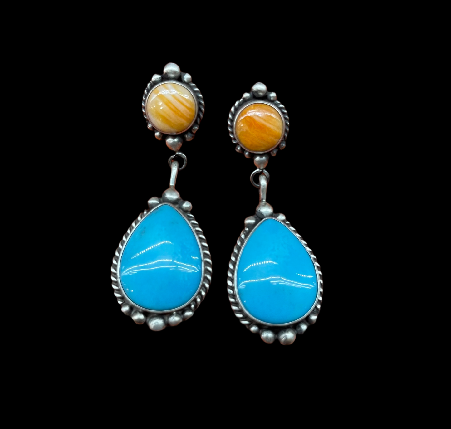 Spiny Oyster Shell and Sleeping Beauty Turquoise Earrings by Elouise Kee, Navajo