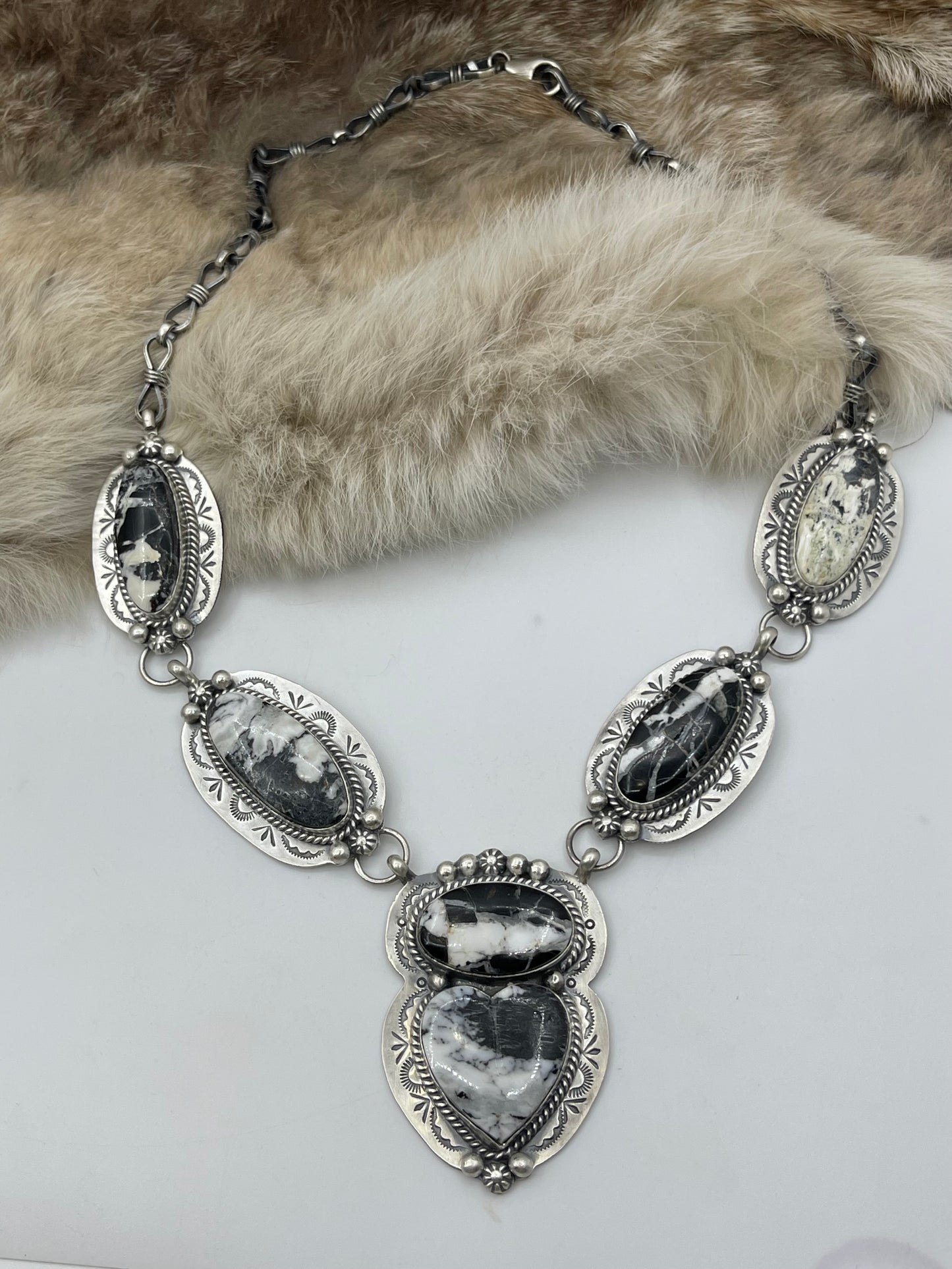 20" White Buffalo Heart Necklace by Lyle Piaso, Navajo
