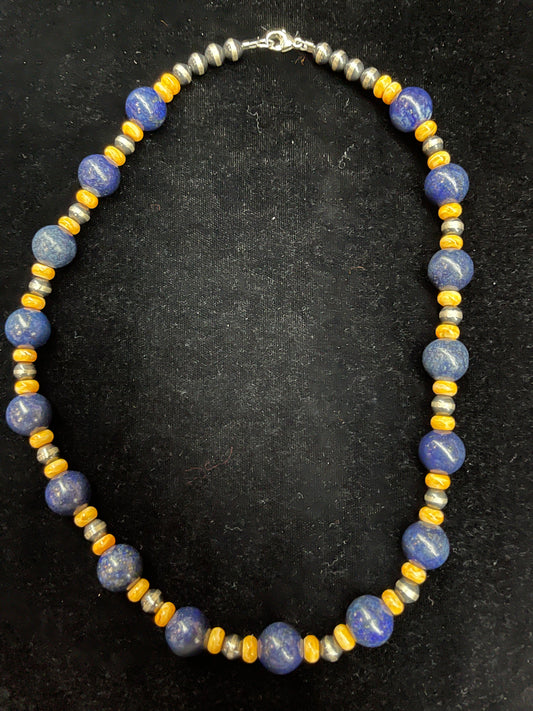 18" Lapis and Orange Spiny Oyster Necklace