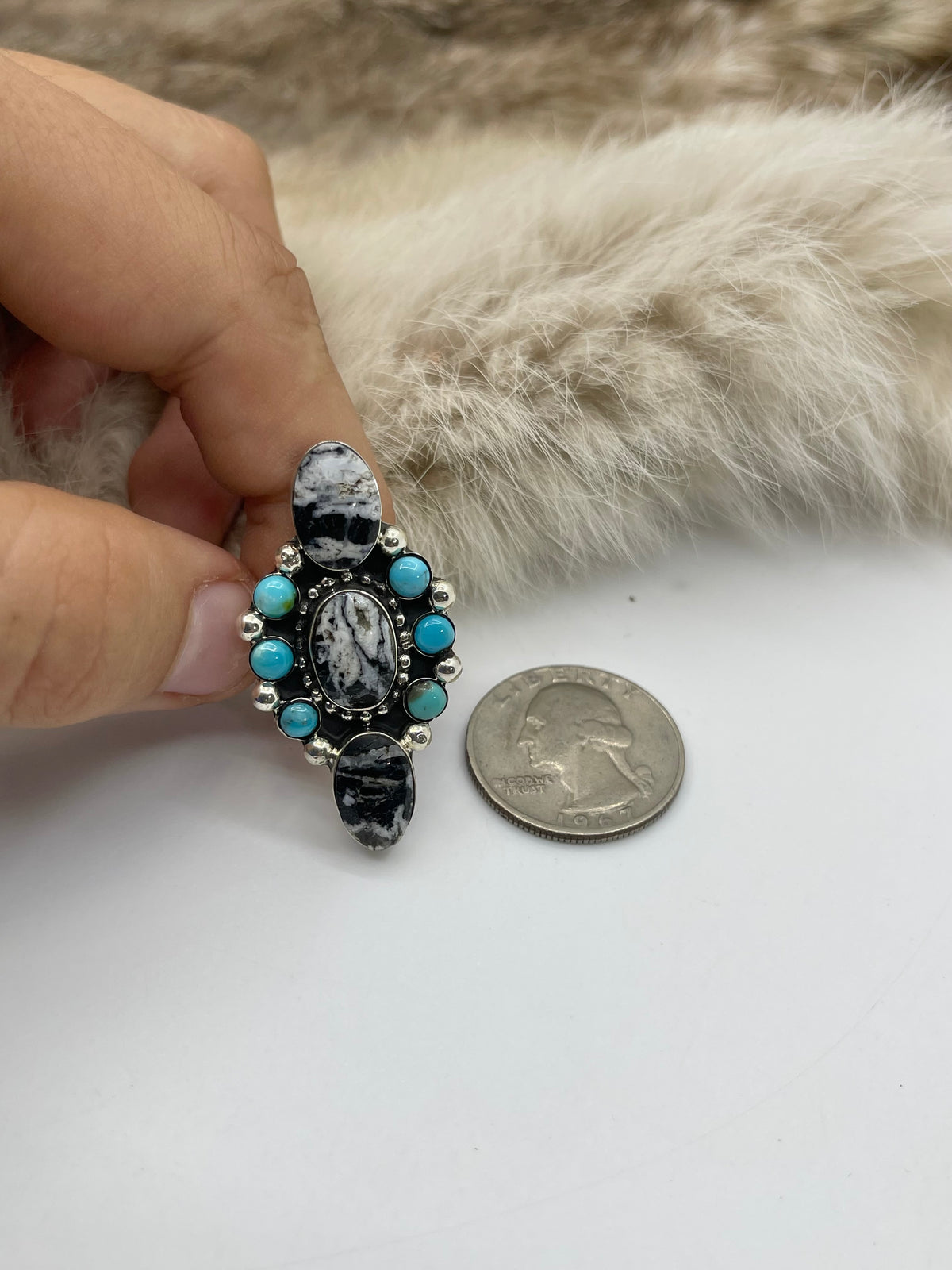 11.0 White Buffalo & Sleeping Beauty Turquoise Ring by David Lopez, Navajo