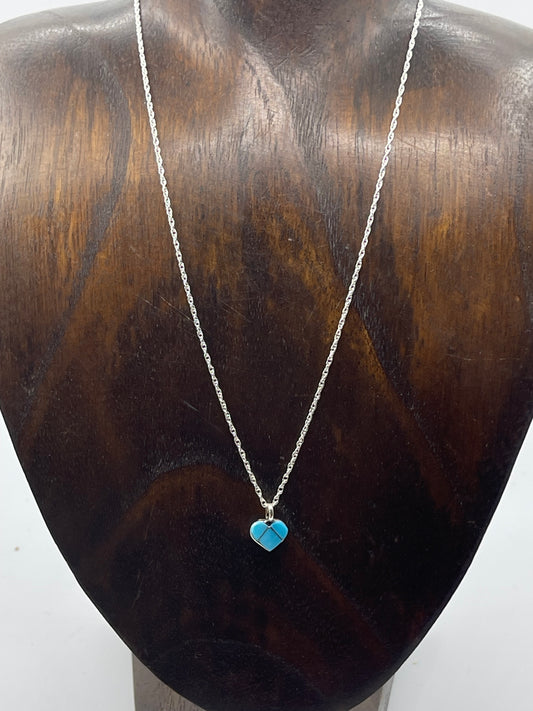 18" Dainty Inlay Turquoise Heart Necklace by Linda Chavez, Zuni