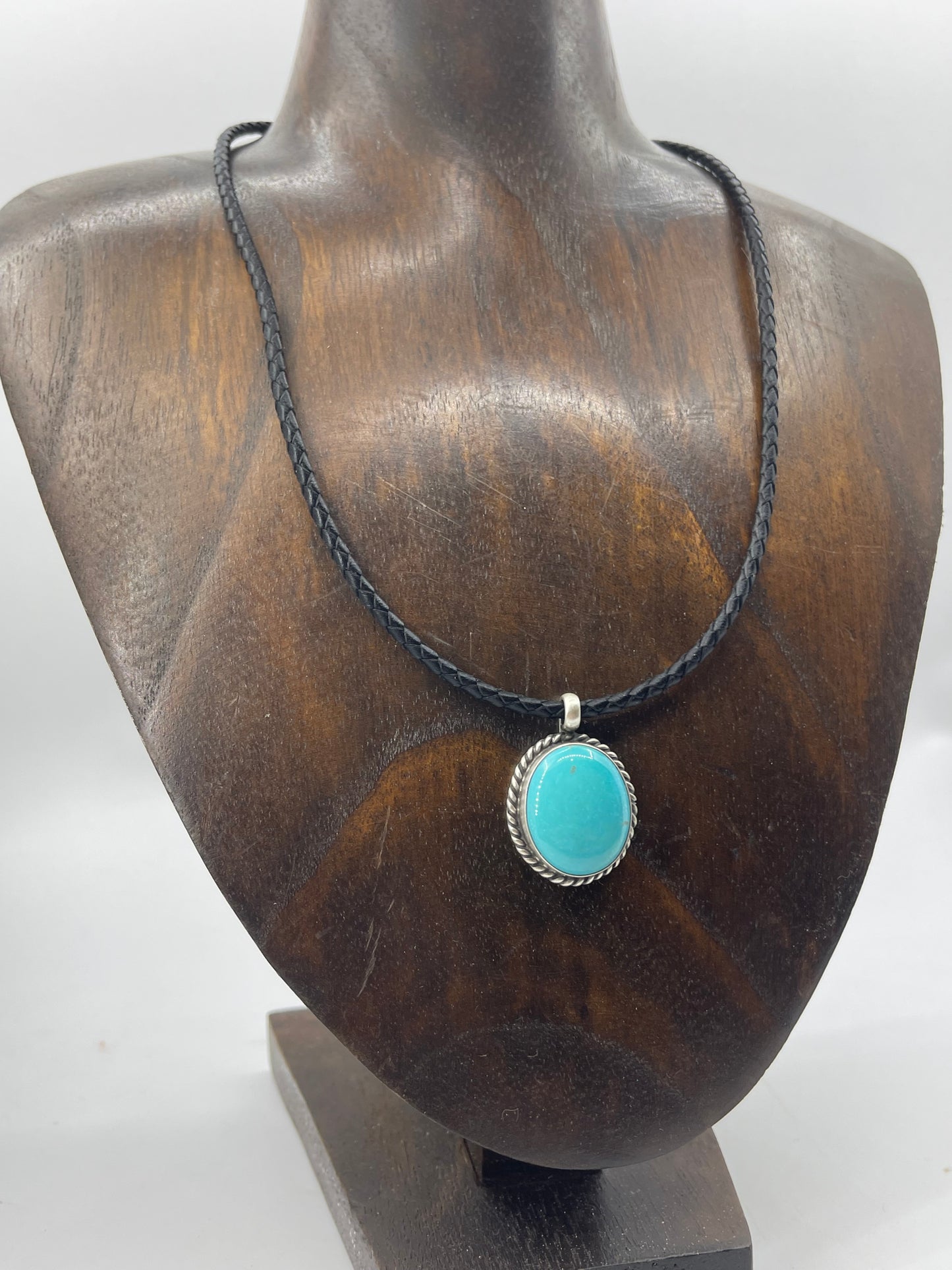 Kingman Turquoise Leather Necklace by Johnny Dixon, Navajo