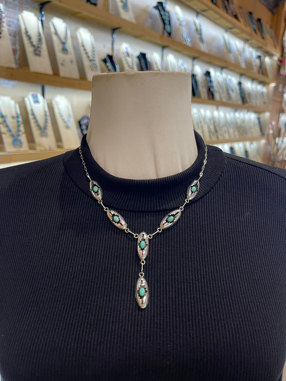 18" + 2.5" Drop Shadowbox Turquoise Lariat Necklace & Earring Set by Felix Perry, Navajo