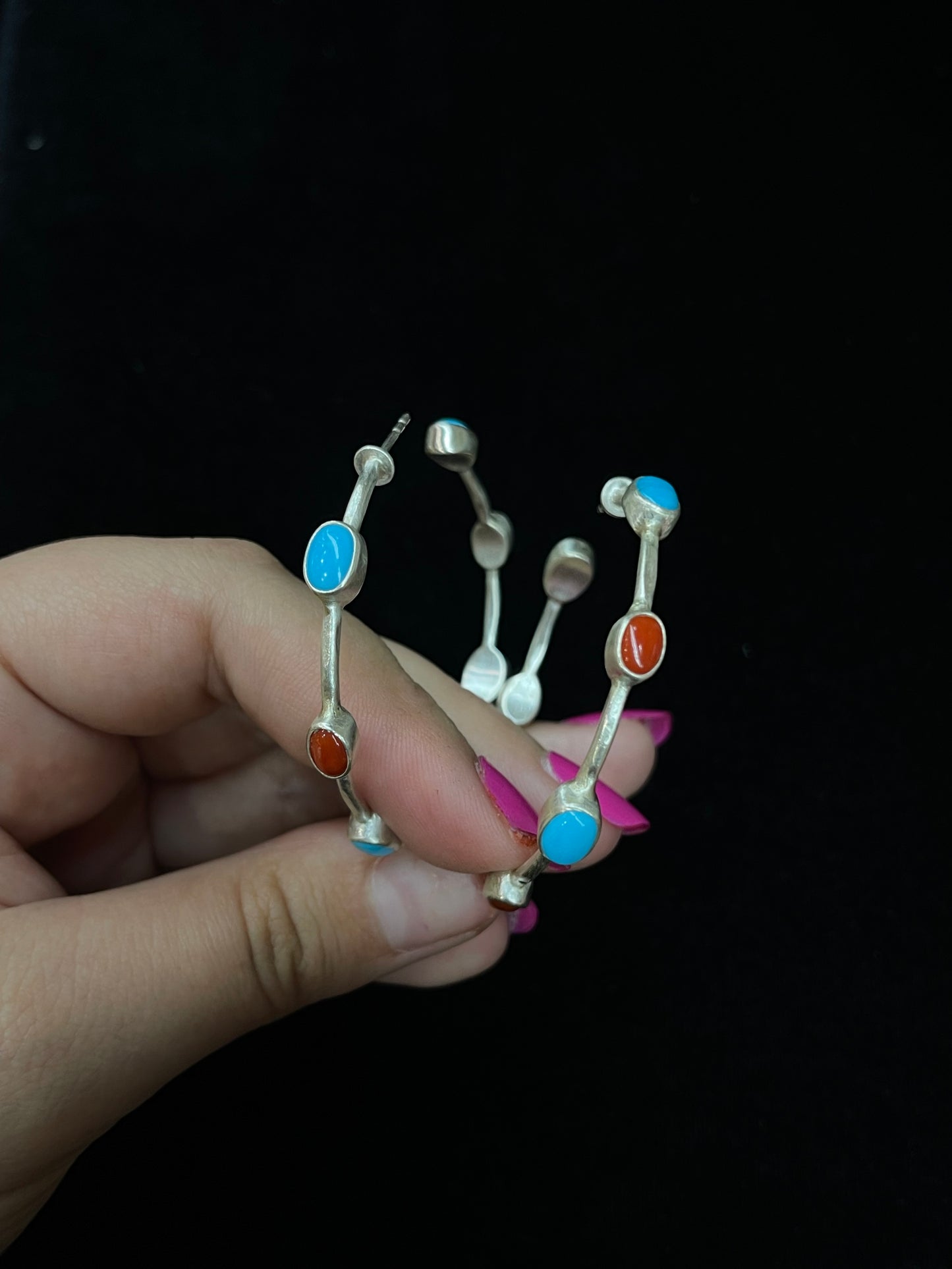 Post Hoop Earrings with Turquoise and Red Coral Stones