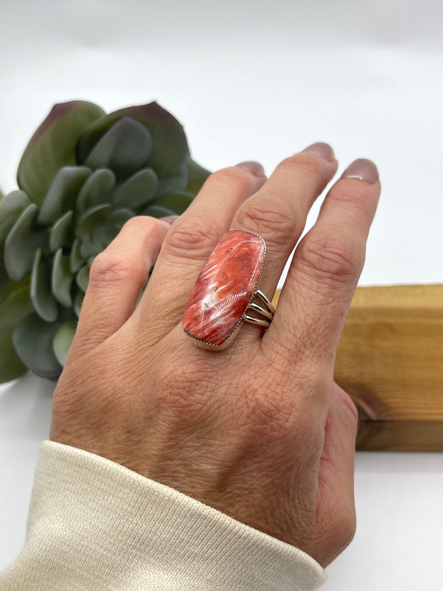 9.0 Orange Spiny Oyster Shell Ring by Mina Benally, Navajo