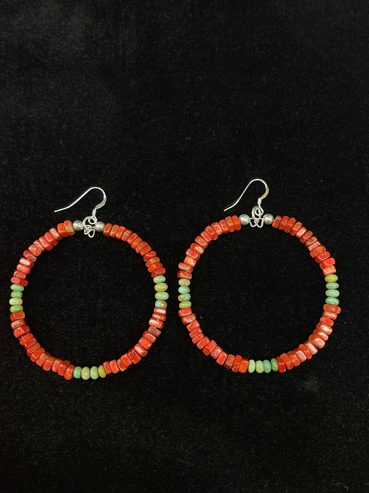 Red Apple Coral and Green Turquoise Hoop Earrings by Santo Domingo