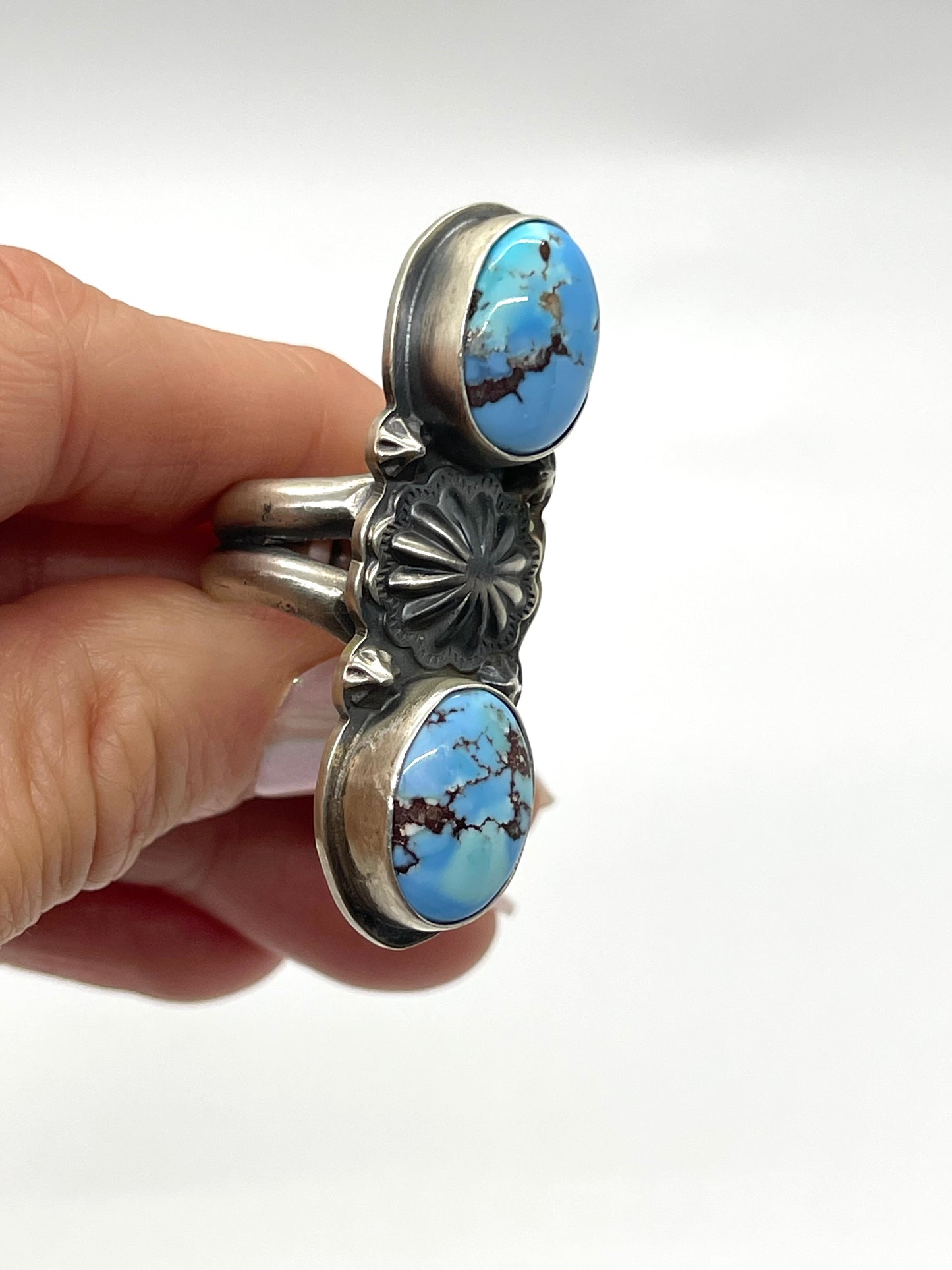 6.5 Golden Hills Turquoise 2 Stone Ring by Calvin Delgarito, Navajo431477