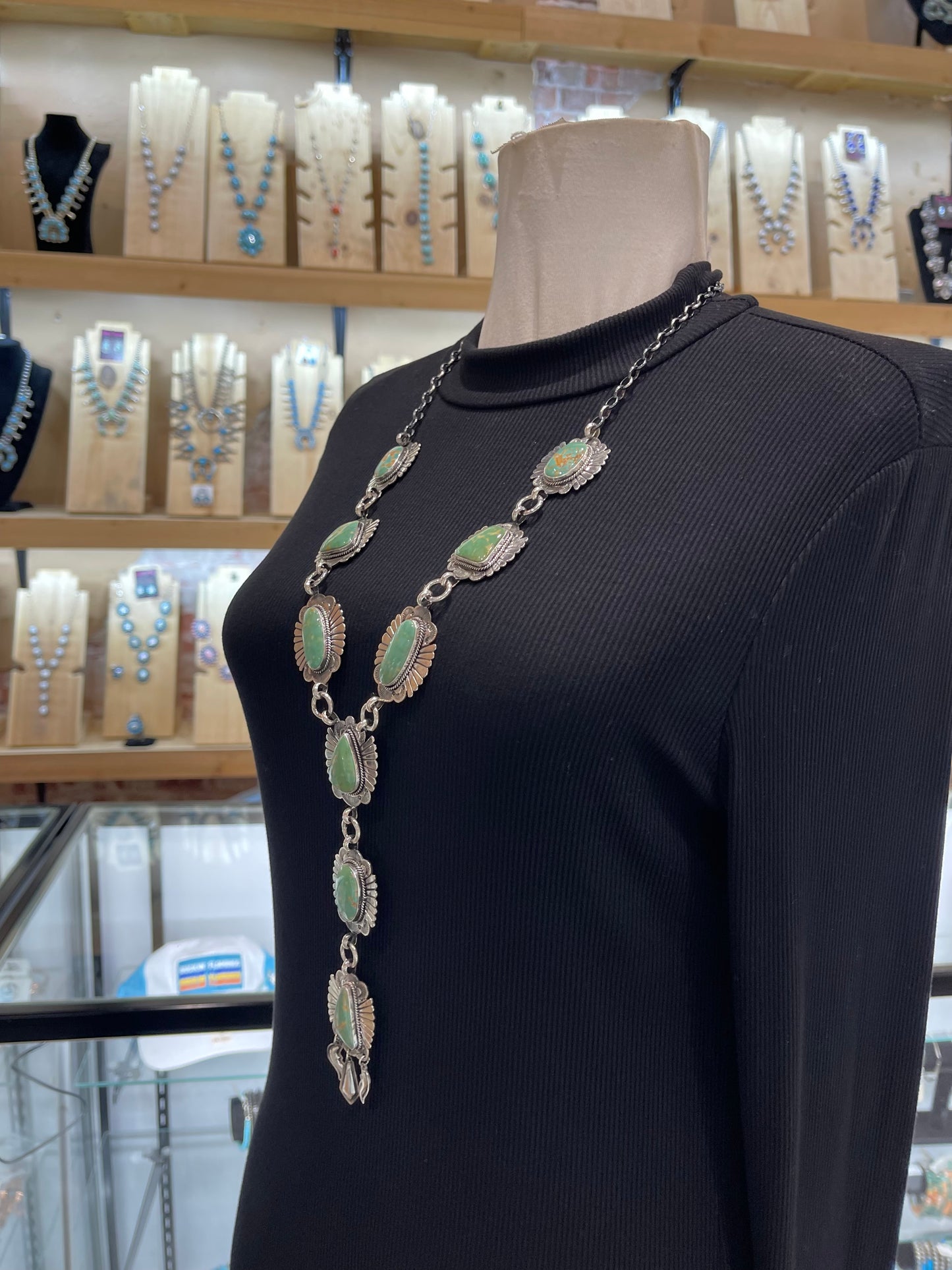 Royston Turquoise 20” + 6” Lariat Necklace & Earring Set by Delayne Reeves, Navajo
