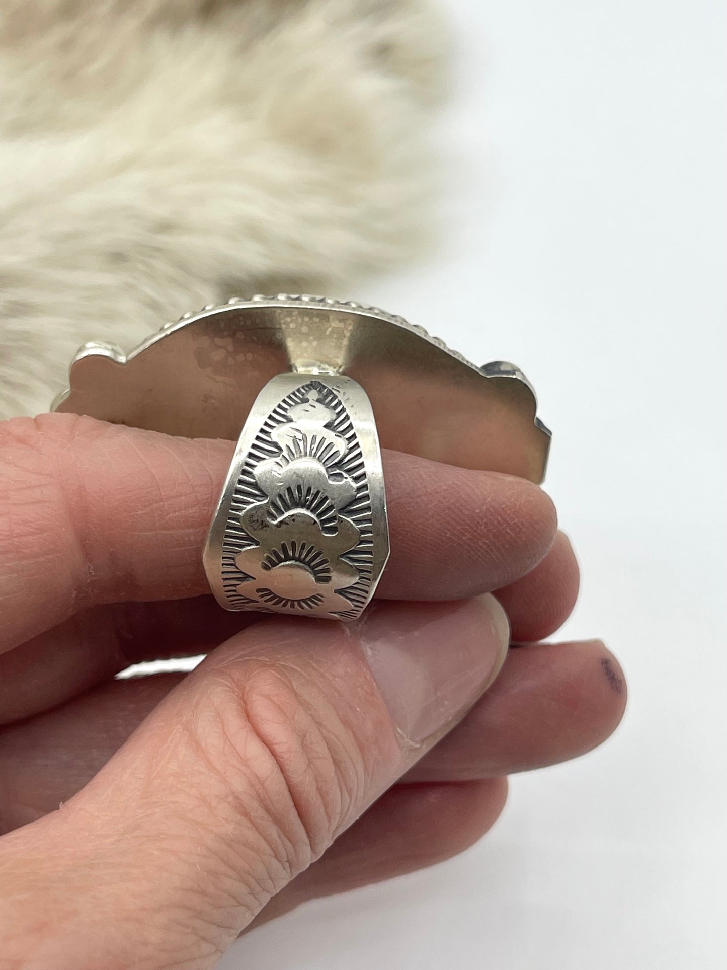 7.5 Oval White Buffalo Ring by Boyd Ashley, Navajo