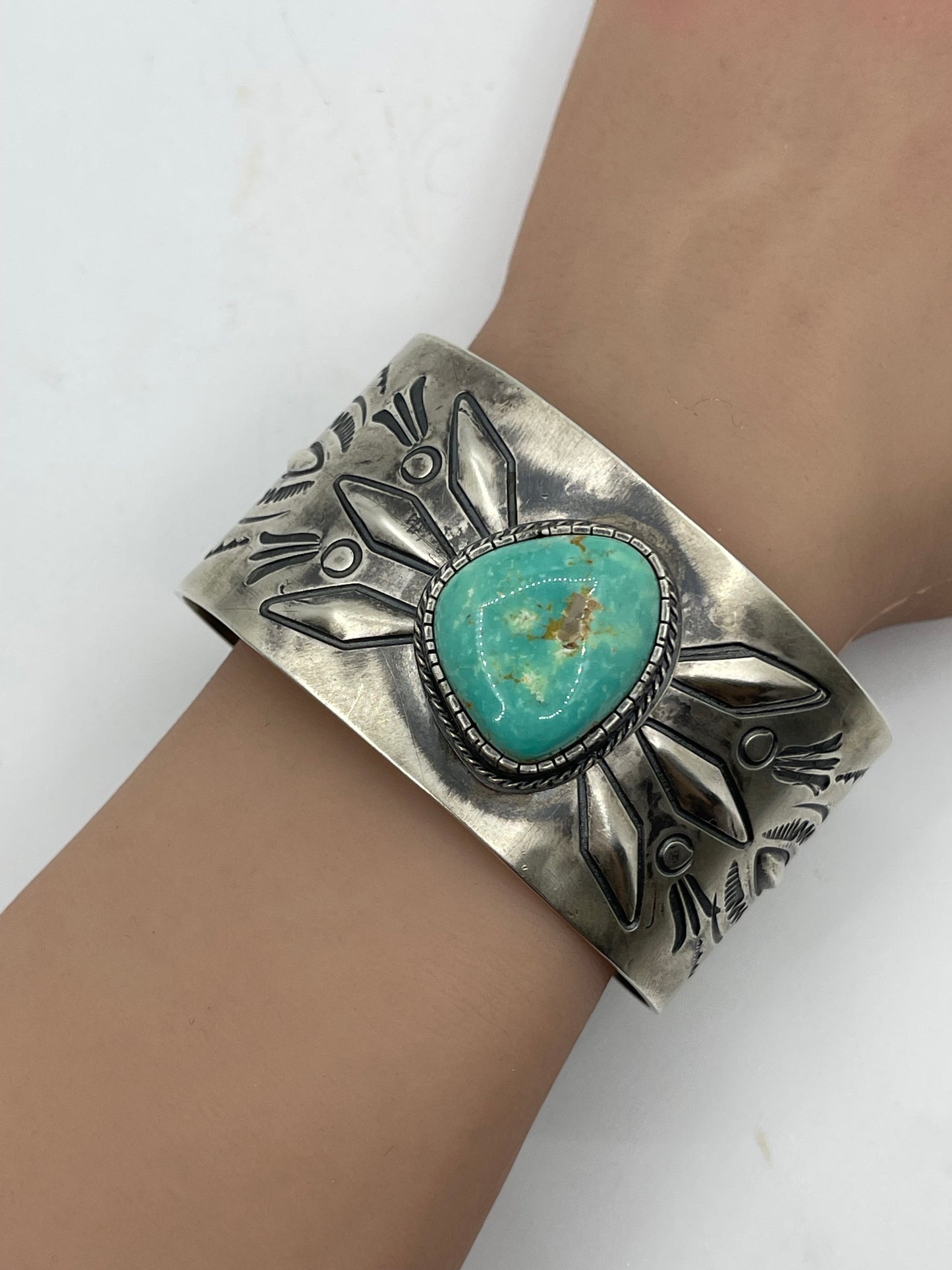 7" Sterling Silver Stamped Cuff with Sonoran Turquoise by Boyd J. Ashley, Navajo