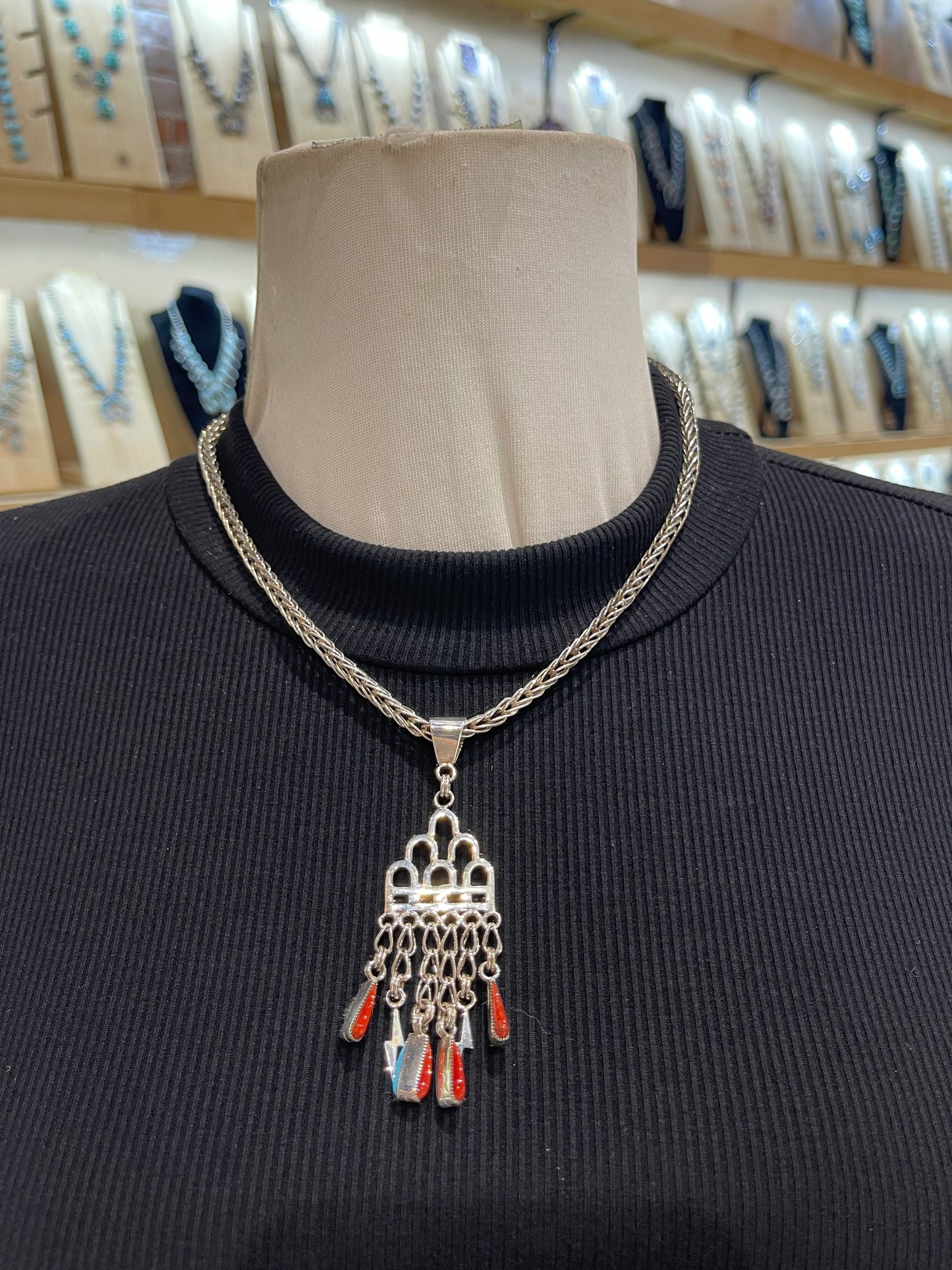 18" Handmade Chain Reversible Coral & Turquoise Rain Cloud Necklace by Smokey Gchachu, Zuni