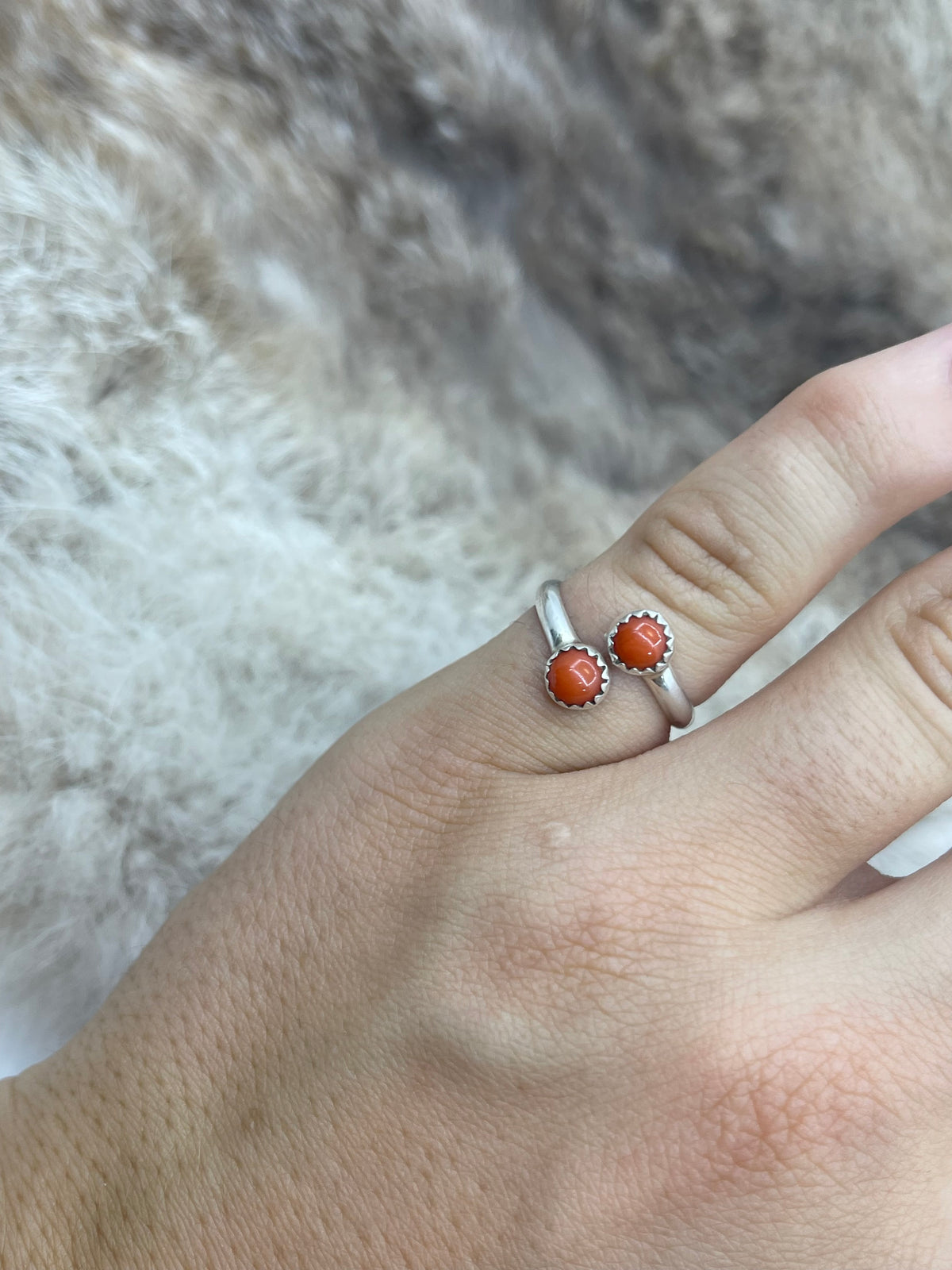 8.0 2 Stone Red Coral Semi-Adjustable Ring, Navajo