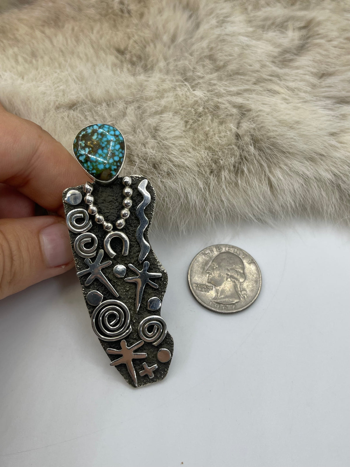 9.0 Kingman Web Turquoise “Grandmother” Petroglyph Ring by Alex Sanchez, Navajo