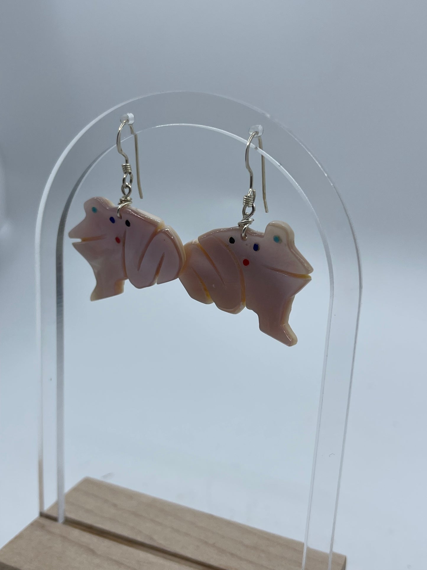 Carved Mother of Pearl Frog Dangle Earrings by Danny Lonjose, Zuni