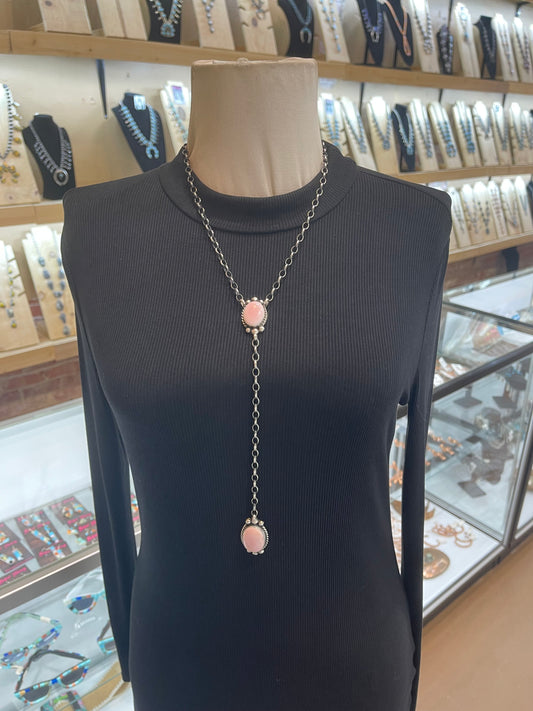 20"+9" Drop 2 Stone Pink Conch Lariat by Augustine Largo, Navajo