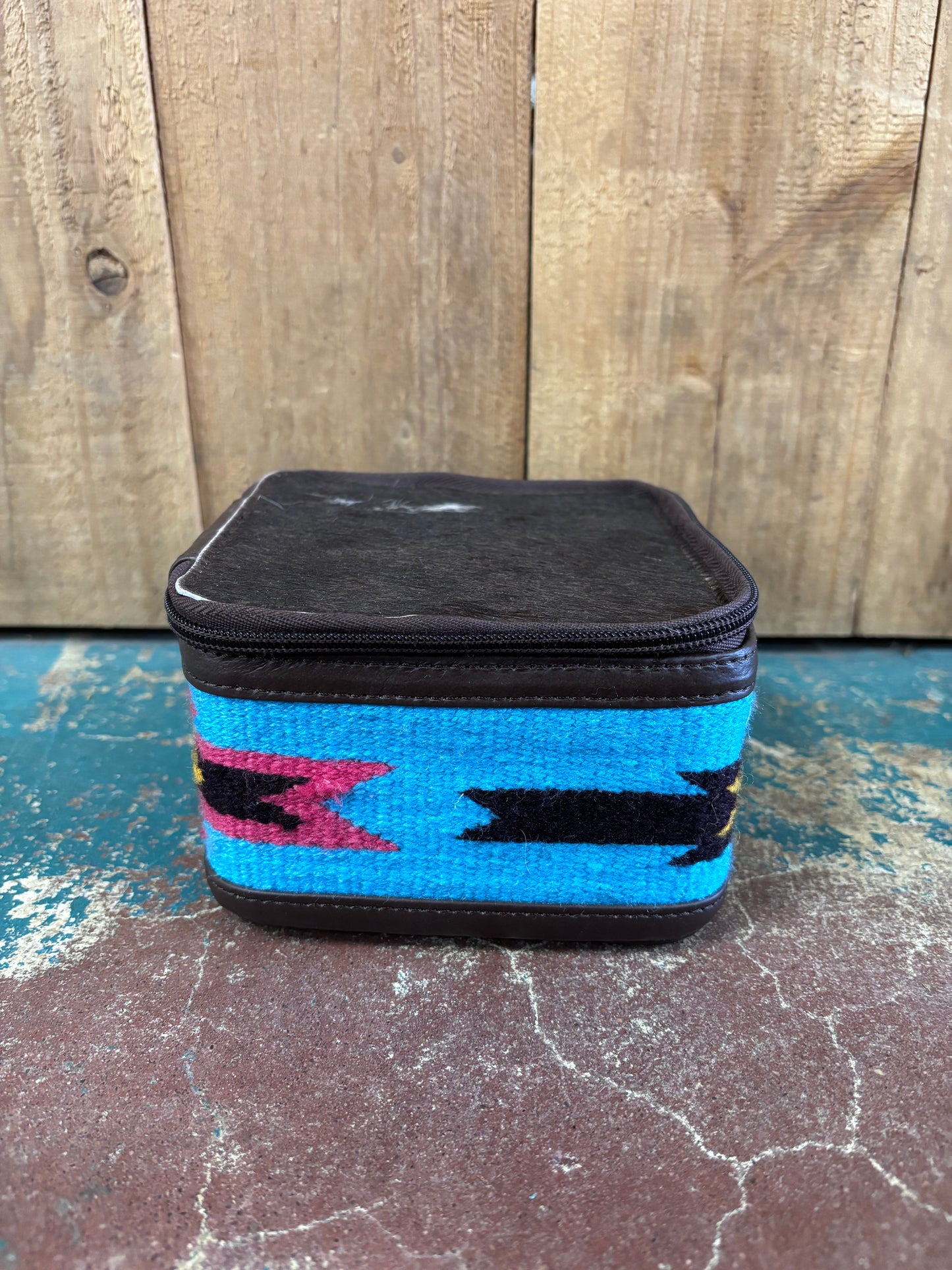 Small Square Brown Cowhide Blue Knitted Jewelry Box