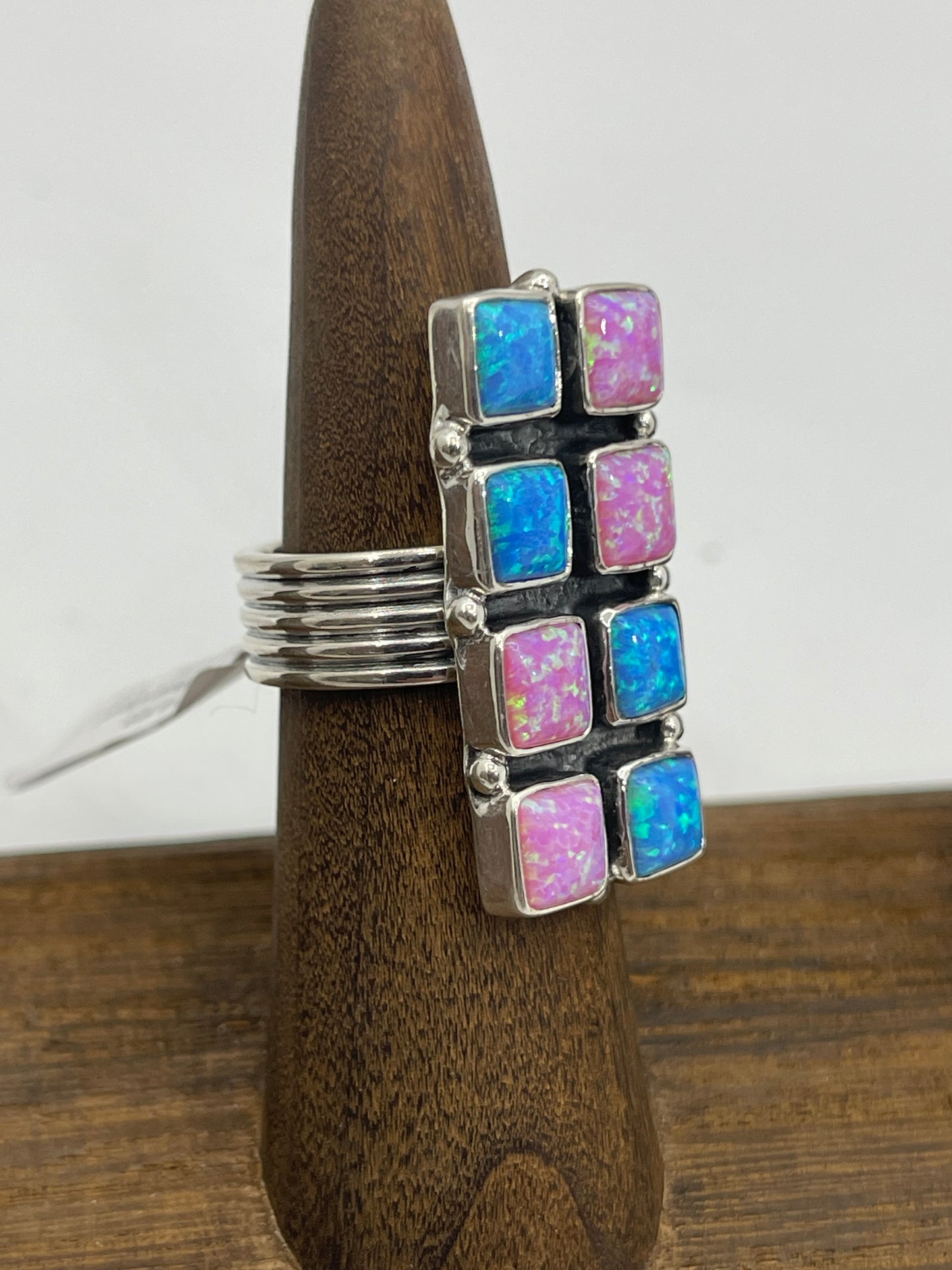 Pink and Blue Opal Checkered Ring