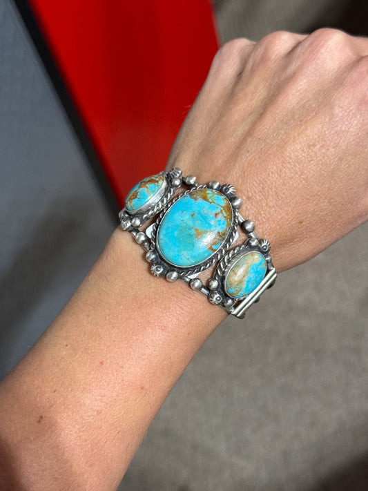 3 Stone Kingman Turquoise Cuff by Augustine Largo, Navajo