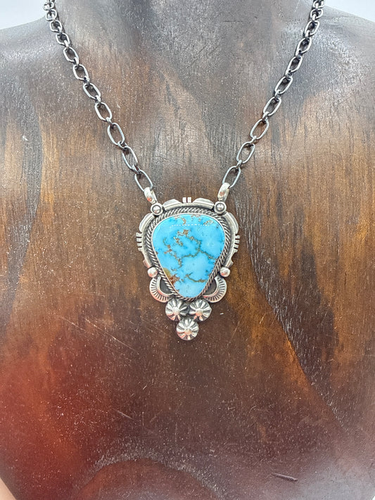 High Grade Kingman Turquoise Necklace by Daniel Benally, Navajo