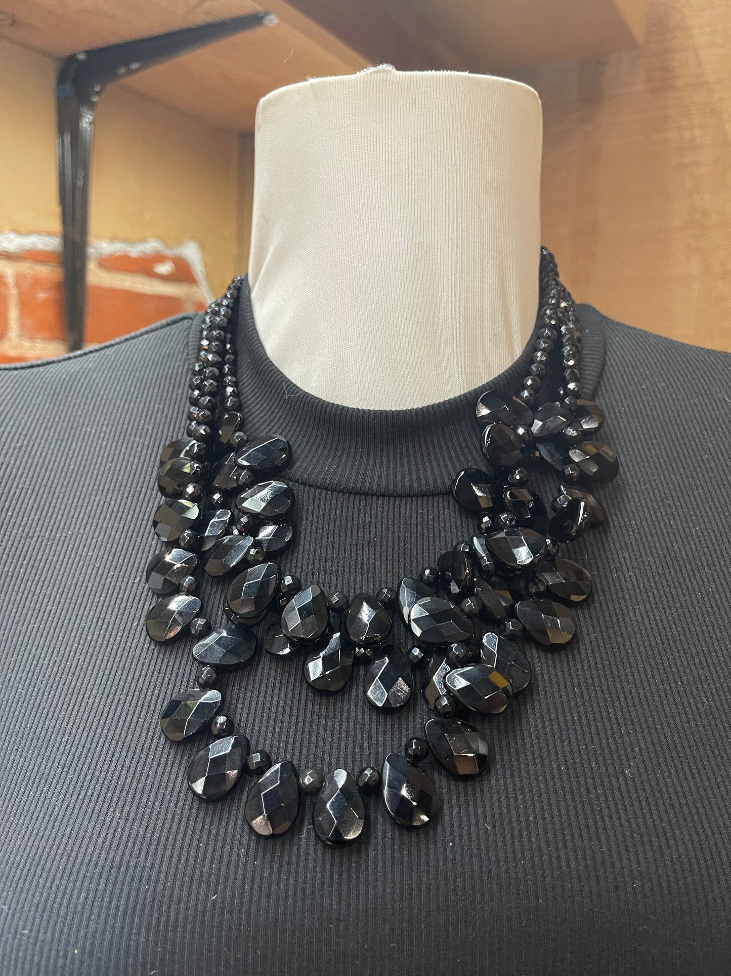 17"+3" Extender Three Strand Faceted Black Onyx Beaded Necklace