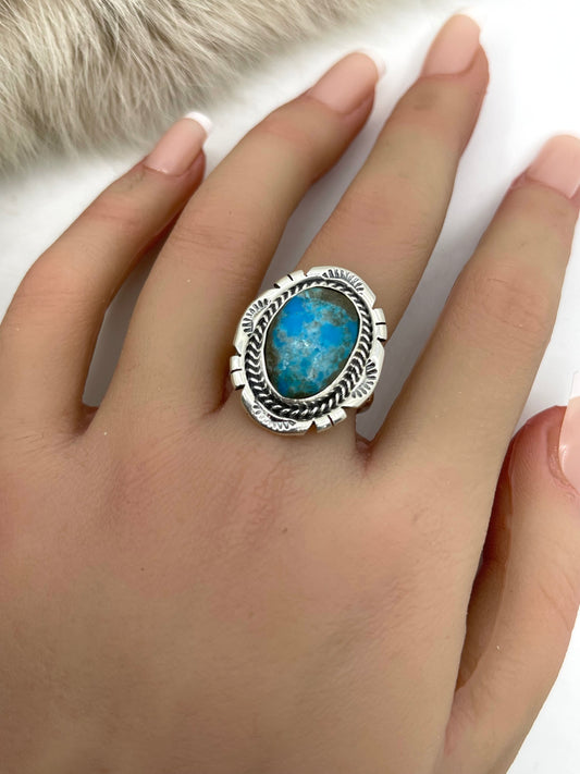 8.0 Oval Kingman Turquoise Ring by Samuel Yellowhair, Navajo