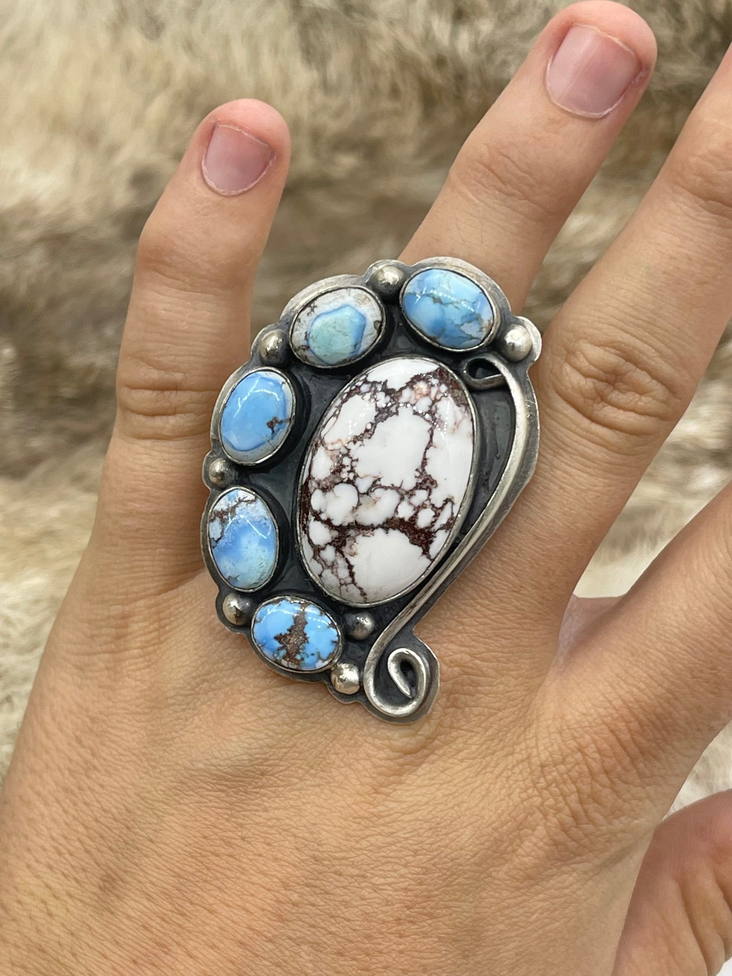 Adjustable (8.0-10.0) Golden Hills Turquoise & Wild Horse Heavy Silver Ring by Delbert Secatero, Navajo