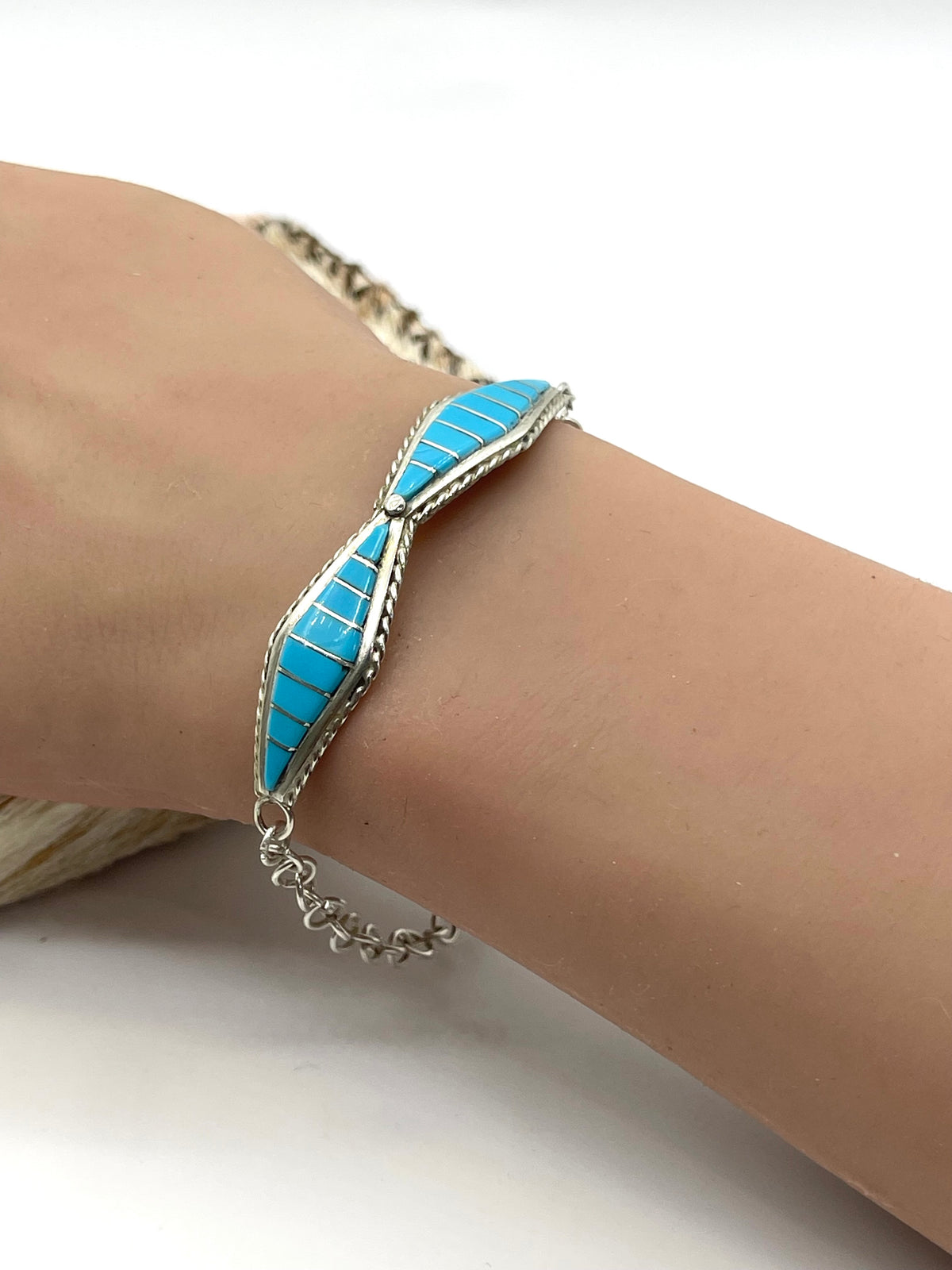 7.5” & Smaller Turquoise Link Bracelet by Jeff Peynetsa, Zuni