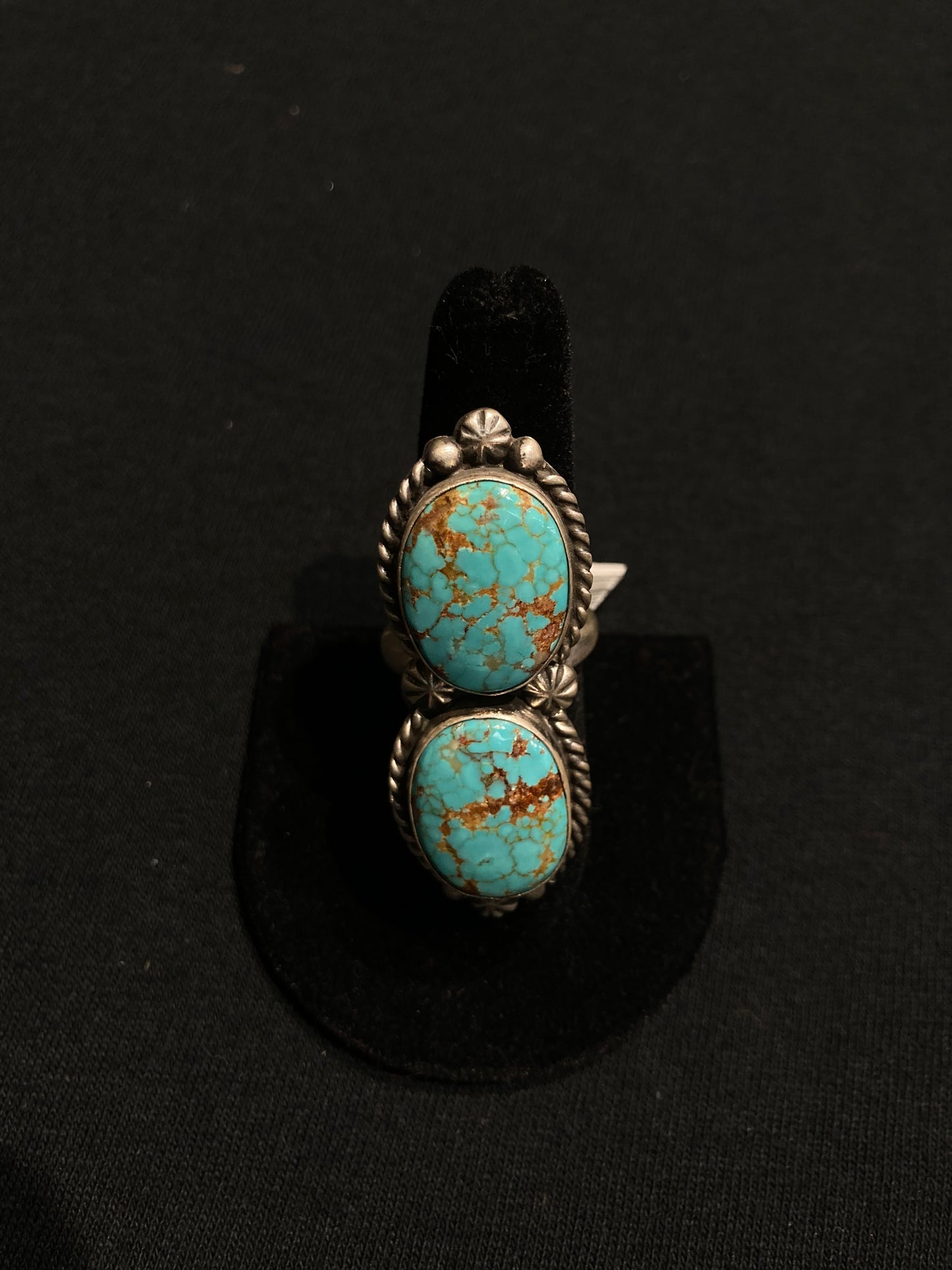 Adjustable 8.0-11.0 2 Stone Turquoise Ring by Alfred Martinez, Navajo