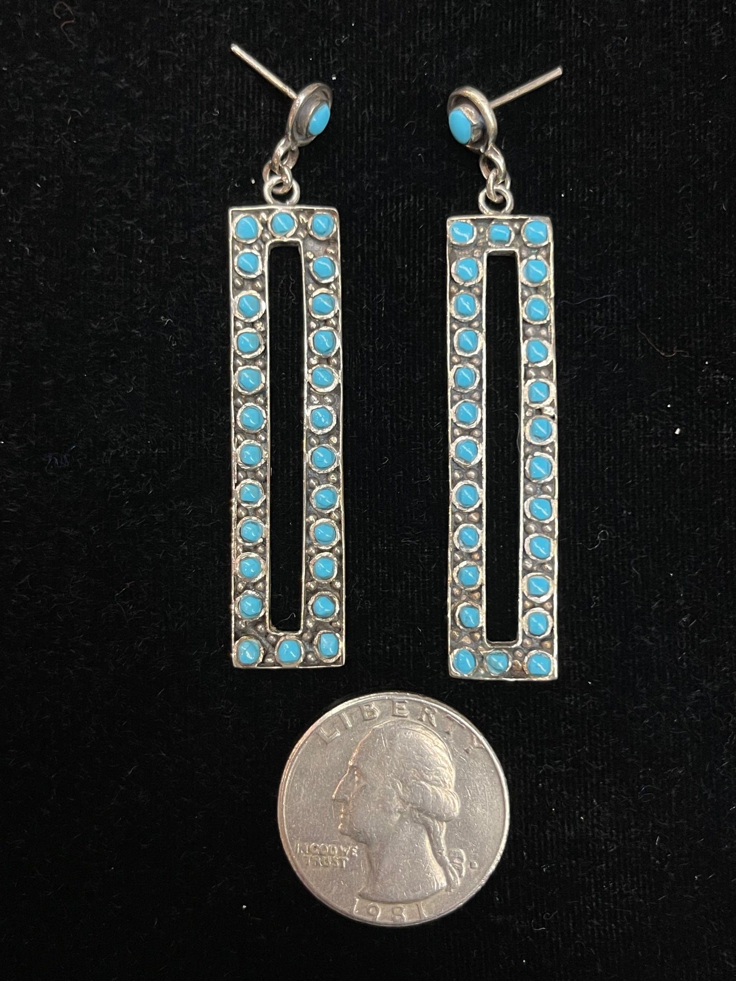 2 1/2" Long "Picture Frame" Earrings with Turquoise Stones